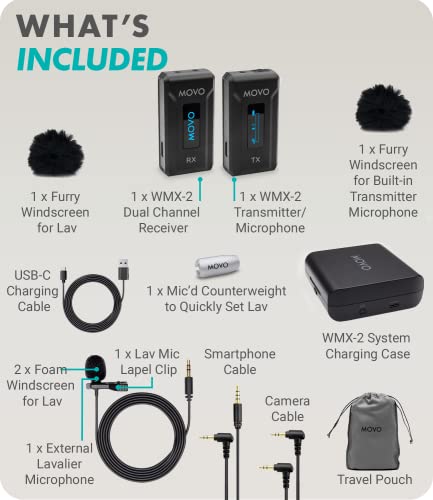 Movo WMX-2 Wireless Camera Microphone with Charging Case - Lavalier Mic for DSLR Cameras, Vlogging, Content Creation, Filmmaking - style: 1 Transmitter