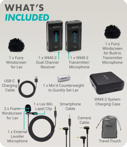 Movo WMX-2 Wireless Camera Microphone with Charging Case - Lavalier Mic for DSLR Cameras, Vlogging, Content Creation, Filmmaking - style: 1 Transmitter