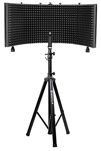 Rockville ROCKSHIELD 3 Studio Mic Isolation Shield Bundle with RVES05 Stand | 5-panel design, 2" acoustic foam, Stand mountable, Heavy-Duty Tripod Speaker Stand, 2-Items