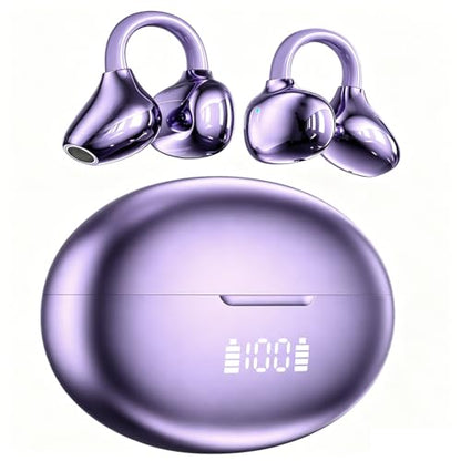 Clip-On Earbuds , Open-Ear Wireless Bluetooth 6.1 Bone conduction Headphones With Digital Display Charging Case, Secure Fit for Small Ears & Glasses Wearers, Sport Earphones, IPX7 Waterproof Ear Buds