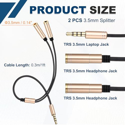 MECCANIXITY 2Pcs 3.5mm Splitter Male to 2 Dual 3.5mm Female Y Jack Aux Splitter for Phone Headset Tablets, 1ft, Gold - color: Gold