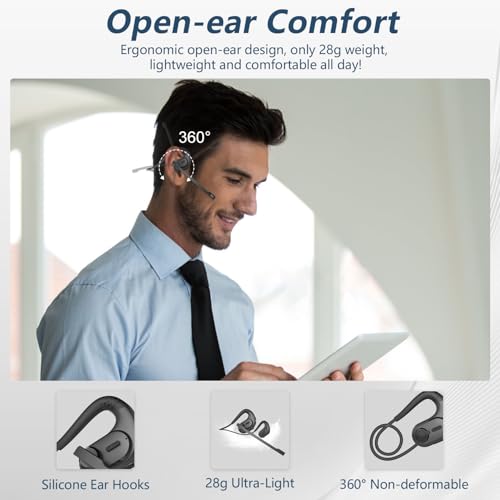 Bluetooth Headset, Open Ear Headphones with Removable Microphone | Noise Cancelling Wireless Headset for Phones Laptop Computer, 12 Hours PC Headsets for Office Meeting Working Driving Running