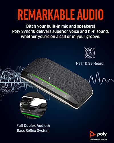 Poly Sync 10 USB Speakerphone (Plantronics) - Two-In-One Portable Speaker for Audio/Video Conference Calls & Music - USB Powered - Dual-Mic, Full-Duplex Audio - Works w/Teams (Certified), Zoom, & More