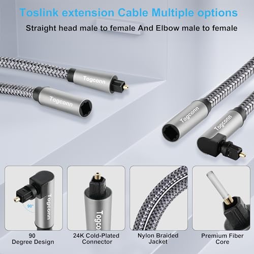 Optical Extension Fiber Digital Cable Adapter 2 Feet (2 Pack), 90 Degree Right Angle & Straight Male to Female Coupler, Toslink Audio Cable, Nylon Braided for Home Theater, Soundbar, TV and More - size: 2 Feet