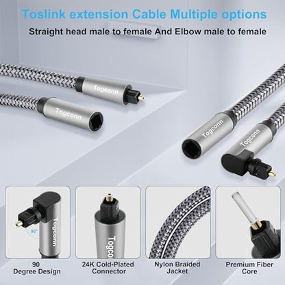 Optical Extension Fiber Digital Cable Adapter 0.6 Feet（2 Pack）, 90 Degree Right Angle & Straight Male to Female Coupler, Toslink Audio Cable, Nylon Braided for Home Theater, Soundbar, TV and More - size: 0.6 Feet