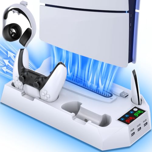 PS5 Slim Stand and Cooling Station with Controller Charging Station for Playsation 5 Slim&Standard Disc/Digital Console, PS5 Accessories Incl. Controller Charger/Turbo Fan/3 USB Hub/Headset Holder - color: WORK WITH PS5 Slim and PS5