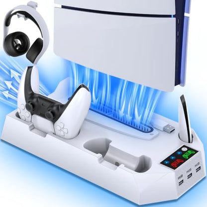 PS5 Slim Stand and Cooling Station with Controller Charging Station for Playsation 5 Slim&Standard Disc/Digital Console, PS5 Accessories Incl. Controller Charger/Turbo Fan/3 USB Hub/Headset Holder - color: WORK WITH PS5 Slim and PS5