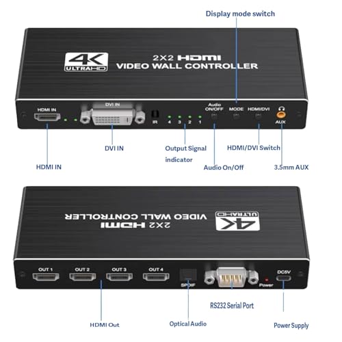2x2 4k Video Wall Controller, Transform 4 TV Screens into a Single Wall Display with HDMI & DVI 4K Input, 180° Rotation, Audio Output, IR Remote/RS232/Button Press Control