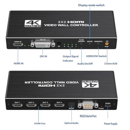 2x2 4k Video Wall Controller, Transform 4 TV Screens into a Single Wall Display with HDMI & DVI 4K Input, 180° Rotation, Audio Output, IR Remote/RS232/Button Press Control