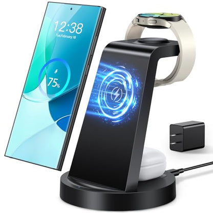 Wireless Charger for Samsung: 3 in 1 Wireless Charging Station | for Samsung Galaxy Watch 8 7 6 5 4 3 Pro S26 S25 S24 S23 S22 Ultra Z Fold Android, 18W adapter, Idea for Home Office Travel - color: Black