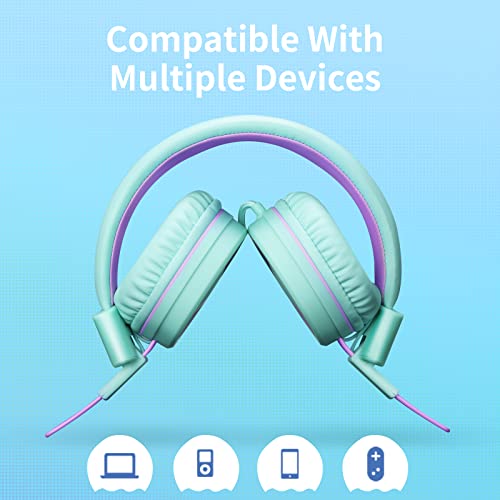 POWMEE P10 Kids Headphones with Microphone Stereo Headphones for Children Boys Girls,Adjustable 85dB/94dB Volume Control Foldable On-Ear Headphone with Microphone for School/PC/Cellphone(Green) - color: Green
