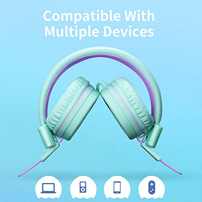 POWMEE P10 Kids Headphones with Microphone Stereo Headphones for Children Boys Girls,Adjustable 85dB/94dB Volume Control Foldable On-Ear Headphone with Microphone for School/PC/Cellphone(Green) - color: Green