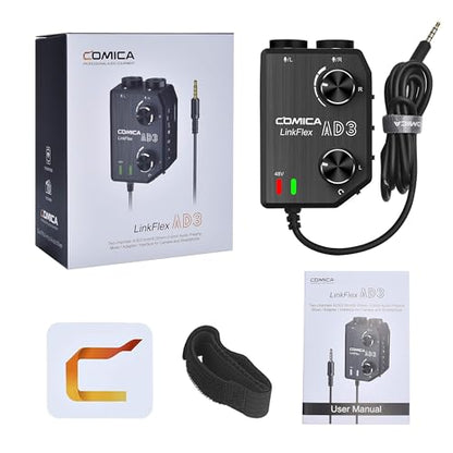 Comica LINKFLEX.AD3 2-Channel XLR/3.5mm/6.35mm Microphone Audio Mixer Preamp with Phantom Power, Real-time Monitoring, Guitar Audio Interface Microphone for DSLR Cameras Camcorders Smartphones Tablets | XLR/3.5mm/6.35mm mic preamp mixer, 48V phantom & ste