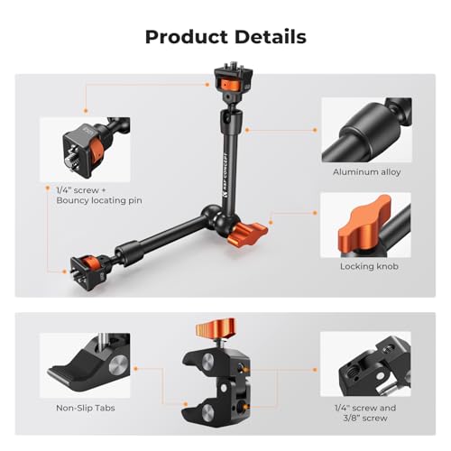 K&F CONCEPT 11" Magic Arm Clamp with ARRI 1/4" & 3/8" Thread Screw | 360° Ball Heads Articulating Arm Camera Adapter for DSLR, Monitor, LED Light, Microphone, Camera Cage, Action Camera, MS33 - size: 11 Inch with Adapter