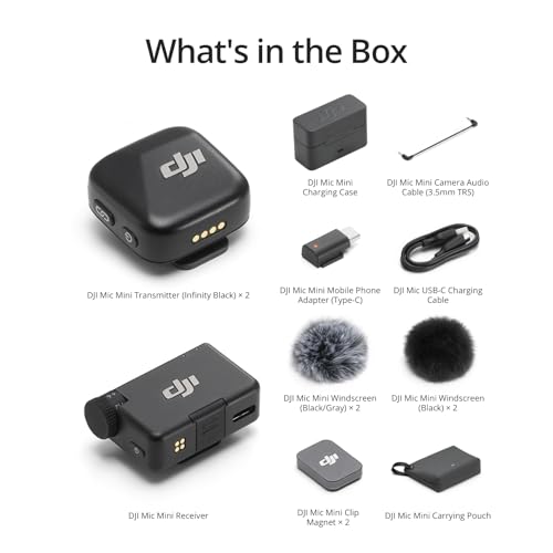 DJI Mic Mini (2 TX + 1 RX + Charging Case) Wireless Lavalier Microphone, Ultralight, Noise Cancelling, Up to 48-Hour Battery Life Bundle with 2 x Deco Gear Lapel Microphone and 5" EVA Case - size: DJI Mic Mini + Essentials