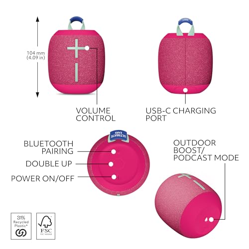 Ultimate Ears WONDERBOOM 4 Portable Waterproof Speaker - Pink | Balanced 360-degree sound and bass, dustproof floating design, 131ft (40m) wireless range - color: Pink