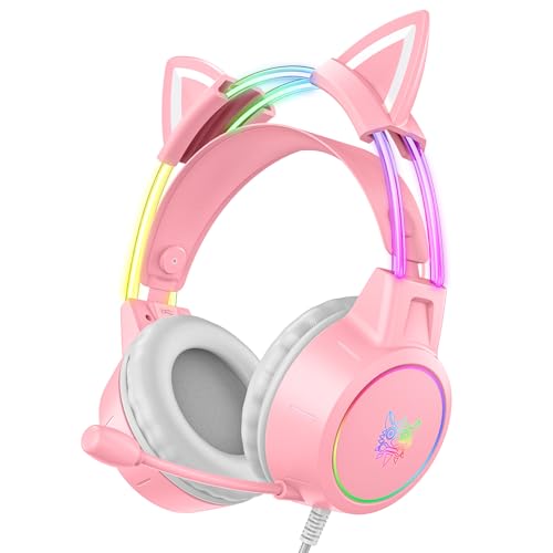 Lightweight Gaming Headset, RGB Lighting, Wired Over Ear Headphones with Mic for PC Laptop PS4 PS5 Switch, Stereo Surround Sound, Self-Adjusting Headband, Pink Cat Ear - color: Pink Cat Ear