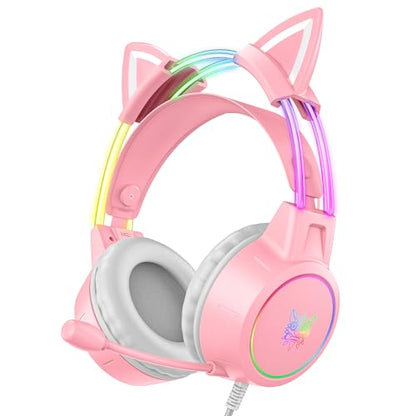 Lightweight Gaming Headset, RGB Lighting, Wired Over Ear Headphones with Mic for PC Laptop PS4 PS5 Switch, Stereo Surround Sound, Self-Adjusting Headband, Pink Cat Ear - color: Pink Cat Ear