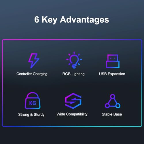 Zunate 3 in 1 RGB Gaming Controller Charging Stand with Headphone Holder, Dual USB and USB C Ports, 4 Lighting Modes, Dock for 2 Game Controllers and Headsets
