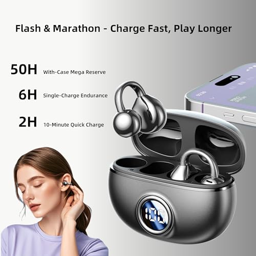M97 Clip On Earbuds Wireless Bluetooth 6.0, Open Ear Headphones with 50H Battery 10-Min Quick Charge, Featherlight C-Shaped Hook, Secure Fit for Running/Gym, IPX5 Waterproof, Deep Bass(black) - color: Black