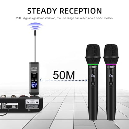 UHF Wireless Microphone System, 99-Ch Dual Handheld Mics RGB | UHF Wireless Mic System, Dual Handheld, 99 Ch, Cardioid, RGB, Plug&Play, 50m Range, Rechargeable