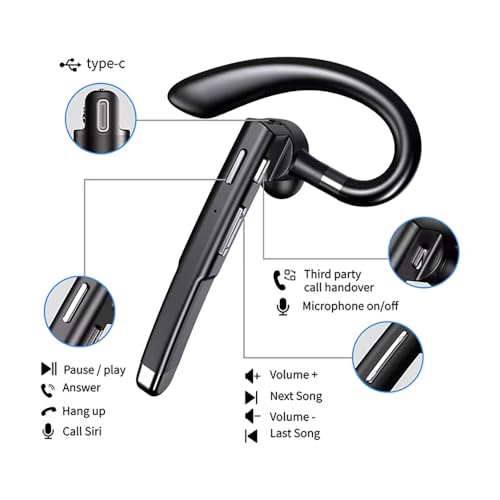 Wireless Headset with Mic for Work | Single-Eart Lightweight Earhook Design, IP55 Waterproof, 8H Battery for Driving, Music & Business Calls - size: T520