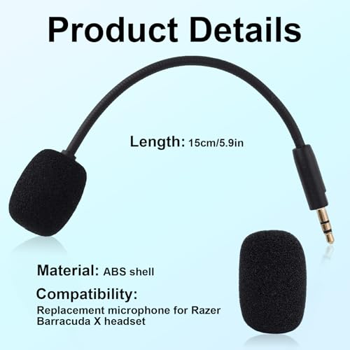Mic Replacement for Razer Barracuda X Headsets, 3.5mm/0.14in Detachable Gaming Boom Headphone Microphone Parts Replacement with Foam Cover Compatible with Barracuda X Headsets, Noise Cancelling