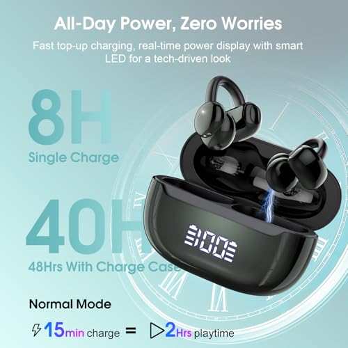 Open Ear Earbuds Wireless Clip on Headphones Bluetooth 5.4 Ear Buds with DNN Noise Cancelling, 48H Playtime, Low Latency, Fashion Design, Secure Fit, Clear Sound for Music & Calls - color: Obsidian