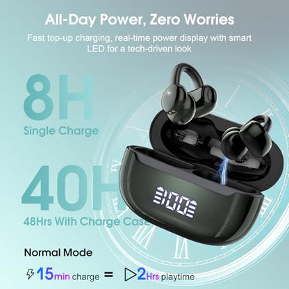 Open Ear Earbuds Wireless Clip on Headphones Bluetooth 5.4 Ear Buds with DNN Noise Cancelling, 48H Playtime, Low Latency, Fashion Design, Secure Fit, Clear Sound for Music & Calls - color: Obsidian