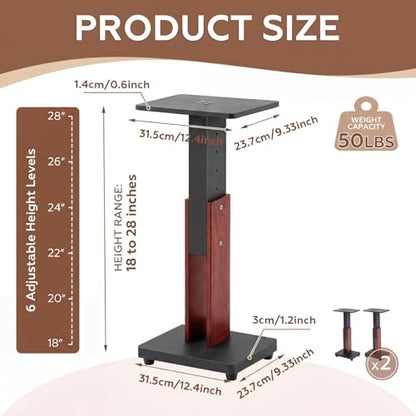 2 Pcs Height Adjustable Speaker Stands 18 to 28 Inches Heavy Duty 50 Lbs Wood Vinyl Record Player Stands Pair for Studio Housewarming Home Decoration