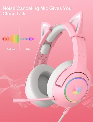 PHNIXGAM Gaming Headset - Removable Cat Ears, RGB/Retractable Mic (A Pink) | Wired 3.5mm surround sound gaming headphone, compatible with PC, PS4, PS5, mobile, cute light pink design - color: A Pink 3.5mm