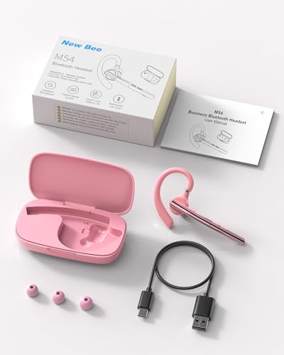 New Bee Bluetooth Headset V5.1 72H Talk Time Dual Mic with Mute Button for Business, Wireless Hand-Free Bluetooth Earpiece with 500mAh Charging Case for Cell Phone Calls Trucker Driver Laptop - color: Pink, style: M54