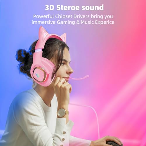 Cat Ear Gaming Headphones Wired AUX 3.5mm LED Headphones Over-Ear Headsets for Kids Girls with Microphone for PC, PS4, PS5, Switch, Xbox, Mobile, Mac, Laptop