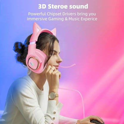 Cat Ear Gaming Headphones Wired AUX 3.5mm LED Headphones Over-Ear Headsets for Kids Girls with Microphone for PC, PS4, PS5, Switch, Xbox, Mobile, Mac, Laptop