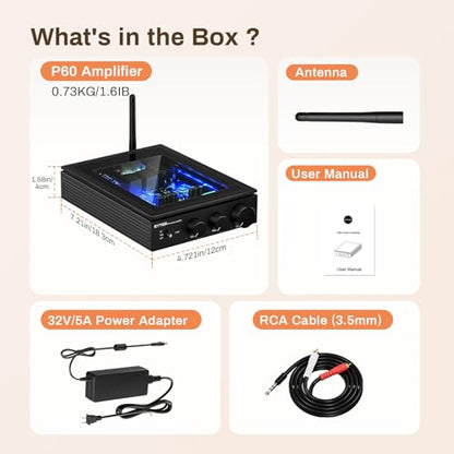 P60 Wireless Stereo Amplifier for Passive Speakers, 300W x 2 TPA3255 2 Channel Mini Class D Home Audio Amp with PFFB, Bass Treble Control for Outdoor/Bookshelf/Turntable Speakers