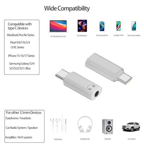 FRIGRAF 2PACK USB C to 3.5mm Audio Adapter, Type C to Headphone Jack Dongle | Hi-Fi USB C to Aux Adapter Compatible with iPhone 17 16 15 Pro/Pro Max/Plus, Samsung Galaxy S26 S24 Pixel, iPad Pro, MacBook - size: 2-Pack