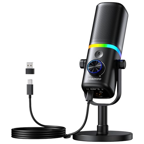 Aokeo Microphone for PC, AK-10 USB/XLR Dynamic Desktop Microphone for Gaming,Podcast,Streaming with RGB Light,Volume Control,Mute Button,Noise Reduction - color: Black