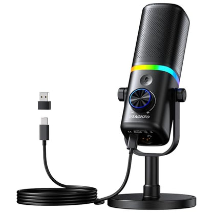 Aokeo Microphone for PC, AK-10 USB/XLR Dynamic Desktop Microphone for Gaming,Podcast,Streaming with RGB Light,Volume Control,Mute Button,Noise Reduction - color: Black