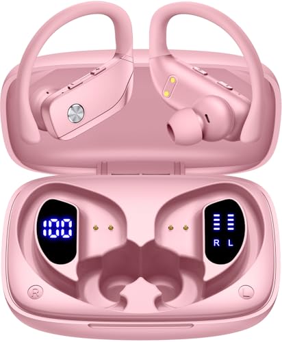 Wireless Earbuds Bluetooth Headphones Over Ear Hooks Ear Buds with 80H Playtime, LED Power Display, Dual Mic Clear Calls, Sports Wireless Ear Buds Bluetooth Earbuds for Running Gym Workout (Pink) - color: Pink