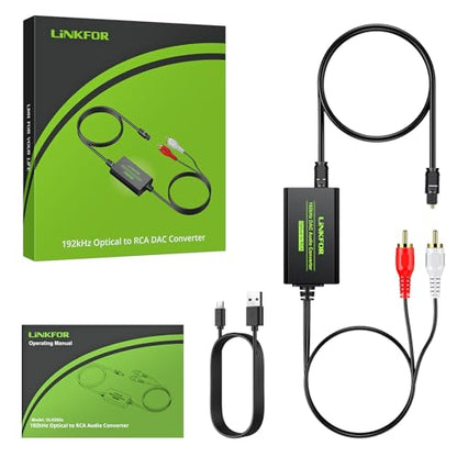 LiNKFOR 192kHz DAC Converter, Digital to Analog Audio Adapter, Digital Optical SPDIF Toslink to Analog Stereo RCA L/R, 7ft/2.1m Cable, Compatible with HDTV, Blu-ray, DVD, Amps (RCA Male) - style: RCA Male