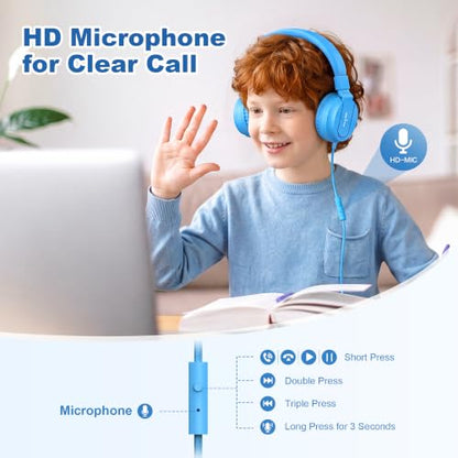 AILIHEN Kids Headphones for School with Mic, 93dB Volume Limited, SkyBlue | Wired On Ear Headphones for Kids Girls, Foldable Lightweight Headphone for Classroom Learning & Entertainment Travel Computer - color: Sky Blue