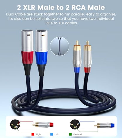 Tisino RCA to XLR Cable, 2 RCA to 2 XLR Male HiFi Cord,4N OFC, 6.6FT/2m - size: 2m