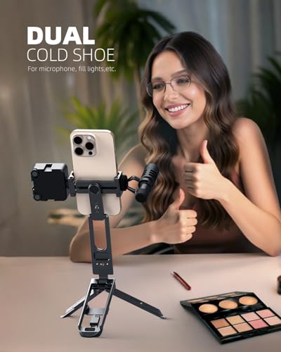 All Metal Foldable Pocket Phone Tripod Stand & Selfie Stick, Mini Travel Vlogging Tripod with 360° Rotation Phone Holder, Dual Cold Shoe, 1/4" Screw & Arca-Swiss, Fits iPhone & Android
