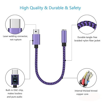 for iPhone 16e 17e 16 17 Pro Max Air, Headphone Earphone Jack Adapter | for iPhone 16 Plus, 15, 15 Pro, 15 Pro Max, 15 Plus, USB C to 3.5mm Headset Earbud Audio Adapter for Samsung Galaxy S25 Ultra - color: Purple