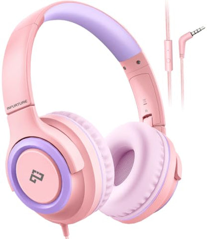 INFURTURE Kids Headphone for School with Microphone, Pink Wired Headphones | Adjustable for Boys/Girls, Soft Ear Muffs, Volume Limit, Foldable, Lightweight On-Ear Headphones for ipad/Travel/Tablet - color: Pink