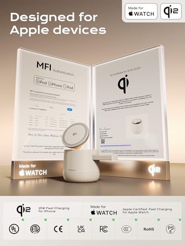 4 in 1 Qi2 Magnetic Wireless Charging Station, 15W Fast Charger with Made for Apple Watch Charging Module, for iPhone 17–12 Series & AirPods, 65W Adapter Included - color: Sand