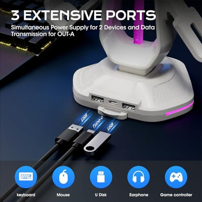 Saitake RGB Controller Stand with 9 Light Modes,Controller Holder with 2 USB Ports,Headphone Holder Suitable for All Headphones and Controller (White) - color: White