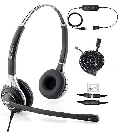 TruVoice HD-750 Premium Corded Double Ear NC Mic Headset with USB and U10P Cable Compatible with Mitel, Polycom VVX, Nortel, Avaya, Shortel, Aastra, Analog Desk Phones and PC (Softphone)