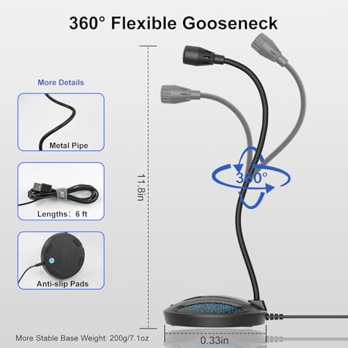 Plug & Play USB Computer Microphone, Flexible Gooseneck Desk Microphone for Podcasting, Streaming, Conference, Noise Canceling Microphone with Mute Button LED for PC/Mac