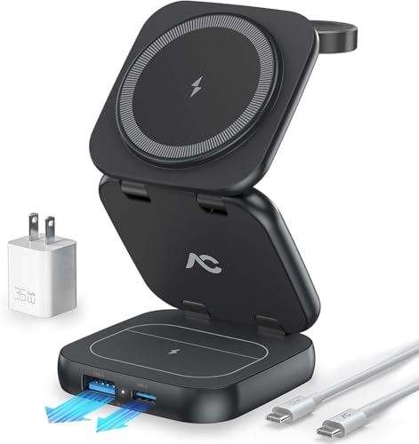 5-in-1 Wireless Charger for MagSafe, AC ISLAND Portable Travel Charging Station, 35W Max Qi2 Fast Foldable Magnetic Stand, Evolved for iPhone 17-12 Series, Apple Watch, AirPods (with 35W Adapter) - color: Black